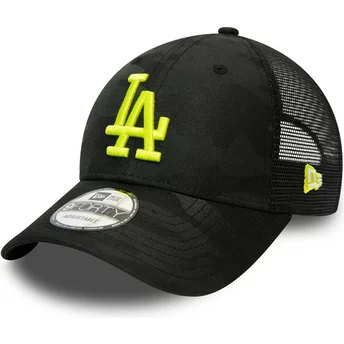 Boné curvo camuflagem preto com logo amarelo ajustável 9FORTY Home Field da Los Angeles Dodgers MLB da New Era