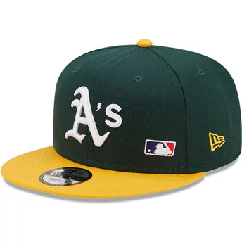 Boné plano verde e amarelo snapback 9FIFTY Team Arch da Oakland Athletics MLB da New Era