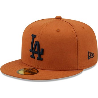 Boné plano castanho justo com logo azul marinho 59FIFTY League Essential da Los Angeles Dodgers MLB da New Era