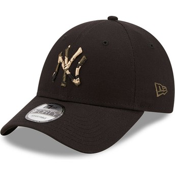 Boné curvo preto ajustável com logo castanho 9FORTY Camo Infill da New York Yankees MLB da New Era