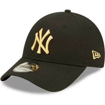 Boné curvo preto ajustável com logo dourado 9FORTY Metallic da New York Yankees MLB da New Era