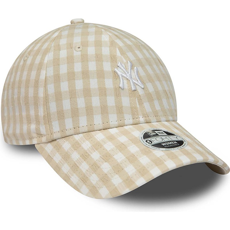 bone-curvo-bege-ajustavel-para-mulheres-9forty-gingham-da-new-york-yankees-mlb-da-new-era