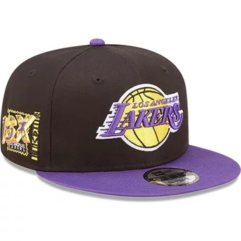Boné plano preto e violeta snapback 9FIFTY Team Patch da Los Angeles Lakers NBA da New Era