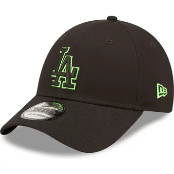 Boné curvo preto ajustável com logo verde 9FORTY Neon Outline da Los Angeles Dodgers MLB da New Era