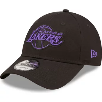 Boné curvo preto ajustável com logo violeta 9FORTY Neon Outline da Los Angeles Lakers NBA da New Era