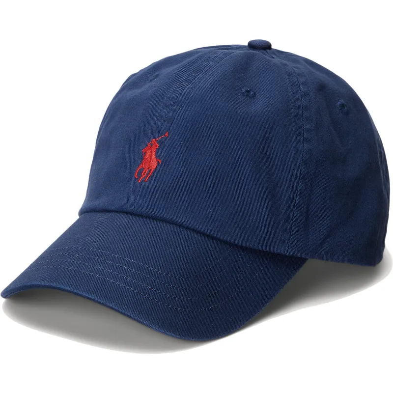 Boné curvo azul marinho ajustável com logo vermelho Cotton Chino