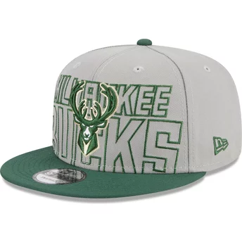 Boné plano cinza e verde snapback 9FIFTY Draft Edition 2023 da Milwaukee Bucks NBA da New Era