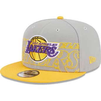 Boné plano cinza e amarelo snapback 9FIFTY Draft Edition 2023 da Los Angeles Lakers NBA da New Era