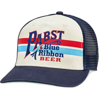 Boné trucker bege e azul marinho snapback Pabst Blue Ribbon Sinclair da American Needle