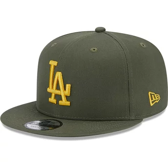 Boné plano verde snapback com logo amarelo 9FIFTY Side Patch da Los Angeles Dodgers MLB da New Era