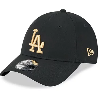 Boné curvo preto ajustável com logo dourado 9FORTY League Essential da Los Angeles Dodgers MLB da New Era
