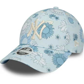 Boné curvo azul ajustável para mulheres 9FORTY Floral All Over Print da New York Yankees MLB da New Era