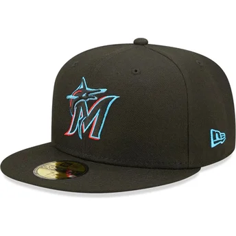 Boné plano preto justo 59FIFTY AC Perf da Miami Marlins MLB da New Era