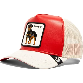 Boné trucker vermelho e branco cão rottweiler Bad Shleather Boy The Farm da Goorin Bros.