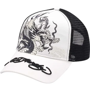 Boné trucker branco e preto Mono Giant Dragon da Ed Hardy