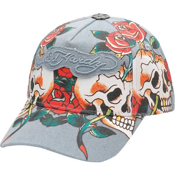 Boné curvo azul ajustável Skull Rose Denim da Ed Hardy