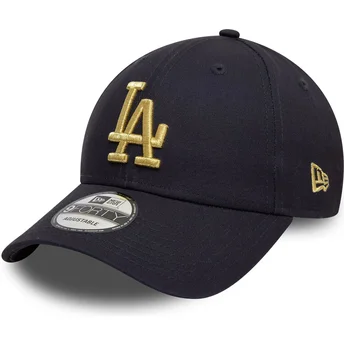 Boné curvo azul marinho ajustável com logo dourado 9FORTY Metallic da Los Angeles Dodgers MLB da New Era