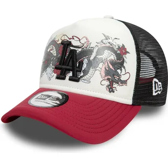 Boné trucker branco, preto e vermelho 9FORTY A Frame Graphic da Los Angeles Dodgers MLB Dragon da New Era