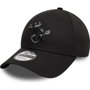 Boné curvo preto ajustável com logo preto 9FORTY Icon da New York Yankees MLB Snake da New Era