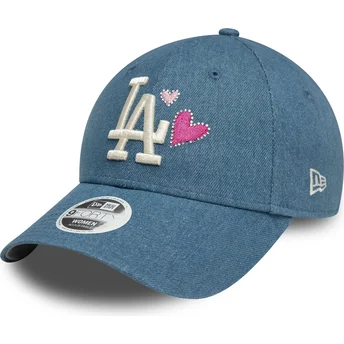 Boné curvo azul ajustável para mulheres 9FORTY Denim Icon Heart da Los Angeles Dodgers MLB da New Era