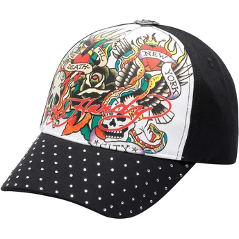 Boné curvo branco e preto ajustável True Til Death da Ed Hardy