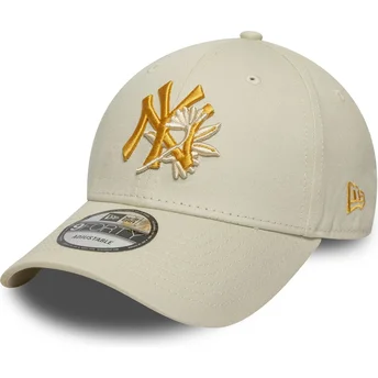 Boné curvo bege ajustável com logo amarelo 9FORTY Floral Icon da New York Yankees MLB da New Era