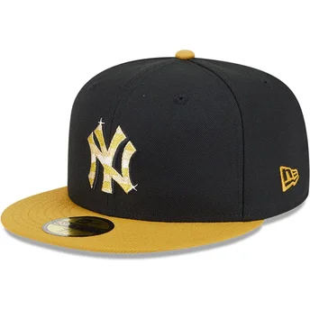 Boné plano preto e amarelo justo com logo dourado 59FIFTY Day da New York Yankees MLB da New Era
