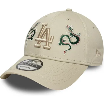 Boné curvo bege ajustável com logo bege 9FORTY Icon Dragon da Los Angeles Dodgers MLB da New Era