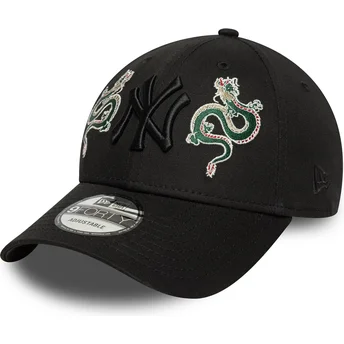 Boné curvo preto ajustável com logo preto 9FORTY Icon Dragon da New York Yankees MLB da New Era