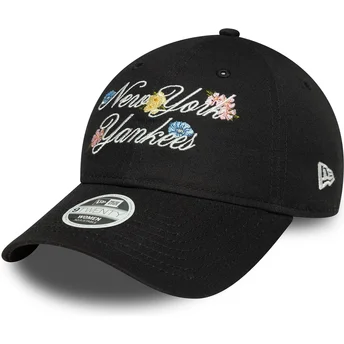 Boné curvo preto ajustável para mulheres 9FORTY Floral Script da New York Yankees MLB da New Era