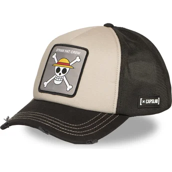 Boné trucker bege e preto Straw Hat Pirates OP6 STR One Piece da Capslab