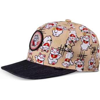 Boné plano bege e preto snapback para criança Lucky Cat Linen da Djinns