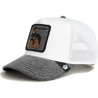 Boné trucker branco e cinza cão rottweiler Bad Boy Denim The Farm da Goorin Bros.