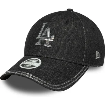 Boné curvo preto ajustável para mulheres 9FORTY Sequin Denim da Los Angeles Dodgers MLB da New Era
