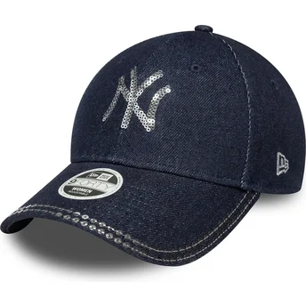 Boné curvo azul marinho ajustável para mulheres 9FORTY Sequin Denim da New York Yankees MLB da New Era