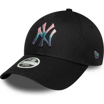 Boné curvo preto ajustável para mulheres 9FORTY Metallic Logo da New York Yankees MLB da New Era