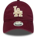 bone-curvo-grena-ajustavel-para-mulheres-com-logo-bege-9twenty-boucle-da-los-angeles-dodgers-mlb-da-new-era