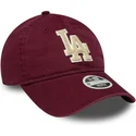 bone-curvo-grena-ajustavel-para-mulheres-com-logo-bege-9twenty-boucle-da-los-angeles-dodgers-mlb-da-new-era