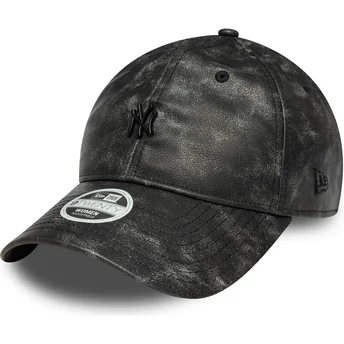 Boné curvo preto ajustável para mulheres com logo preto 9TWENTY Worn PU da New York Yankees MLB da New Era