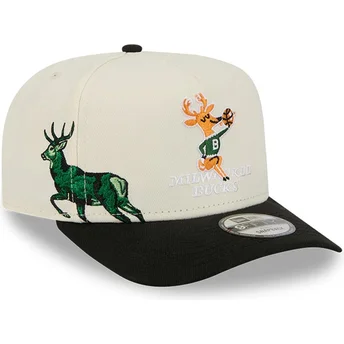 Boné curvo bege e preto snapback 9FIFTY A Frame Precurved Hardwood Classics da Milwaukee Bucks NBA da New Era