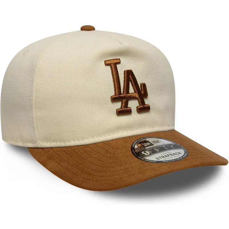 bone-curvo-bege-e-castanho-ajustavel-9fifty-a-frame-suede-visor-da-los-angeles-dodgers-mlb-da-new-era