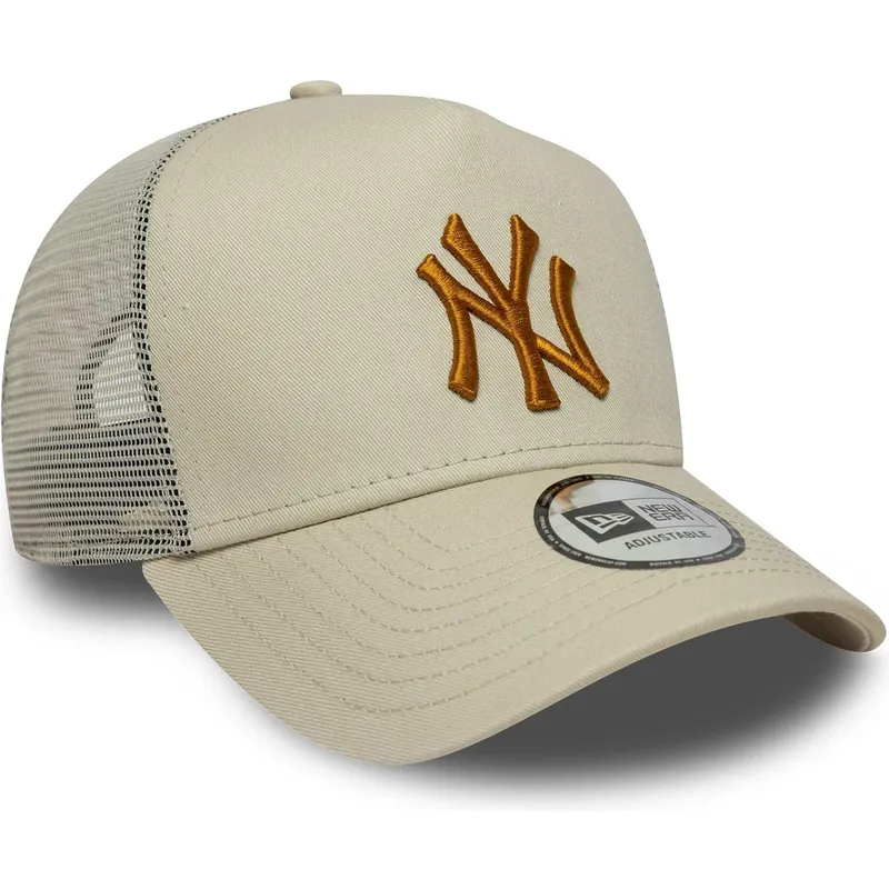 bone-trucker-bege-com-logo-castanho-a-frame-league-essential-da-new-york-yankees-mlb-da-new-era