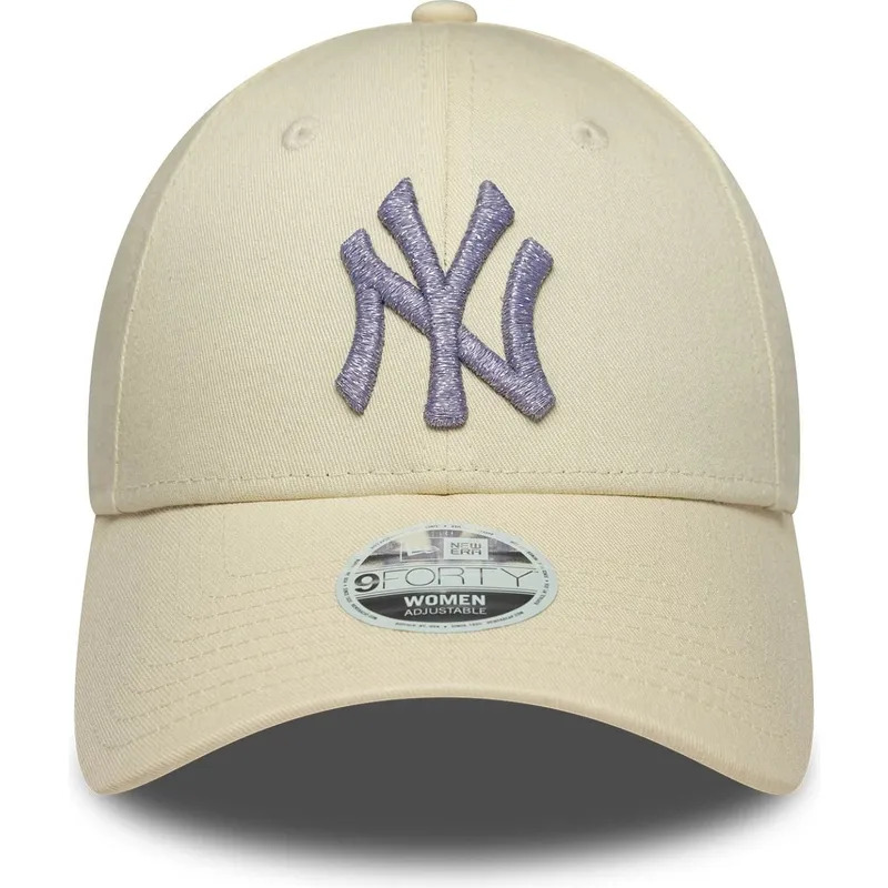 bone-curvo-bege-ajustavel-com-logo-violeta-para-mulheres-9forty-metallic-logo-da-new-york-yankees-mlb-da-new-era