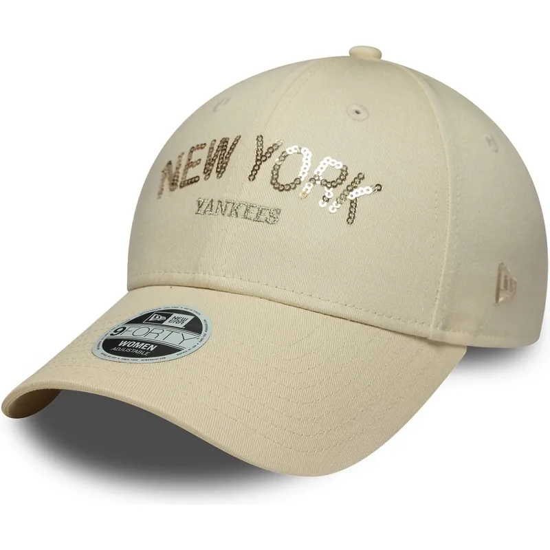 bone-curvo-bege-ajustavel-para-mulheres-9forty-sequin-wordmark-da-new-york-yankees-mlb-da-new-era