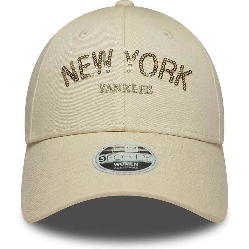 bone-curvo-bege-ajustavel-para-mulheres-9forty-sequin-wordmark-da-new-york-yankees-mlb-da-new-era
