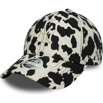 Boné curvo preto e branco ajustável para mulheres 9FORTY Cow Midi da New York Yankees MLB da New Era