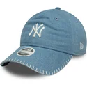 bone-curvo-azul-ajustavel-para-mulheres-9twenty-denim-stitch-da-new-york-yankees-mlb-da-new-era