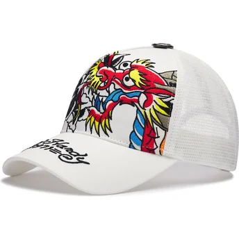 Boné trucker branco 1971 Dragon And Roses da Ed Hardy