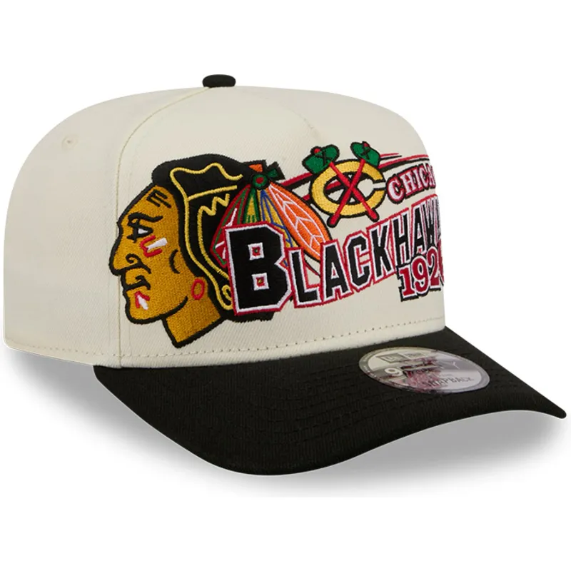 bone-curvo-bege-e-preto-snapback-9fifty-a-frame-classic-da-chicago-blackhawks-nhl-da-new-era