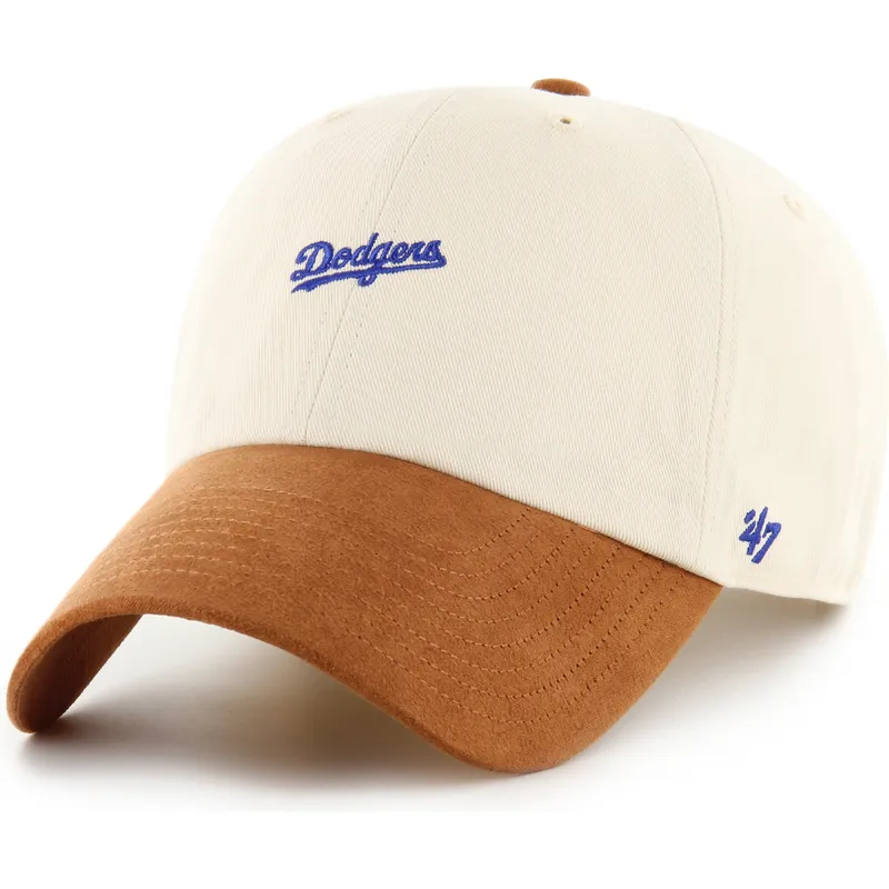 bone-curvo-bege-e-castanho-ajustavel-clean-up-mini-script-suede-visor-da-los-angeles-dodgers-mlb-da-47-brand